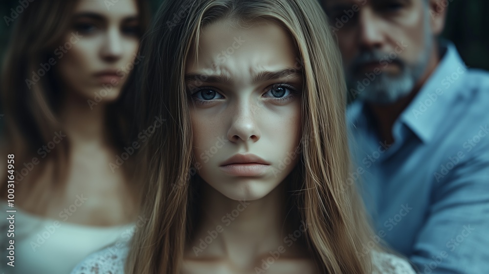 Obraz premium Close-Up of a Young Girl's Face with Serious Expression
