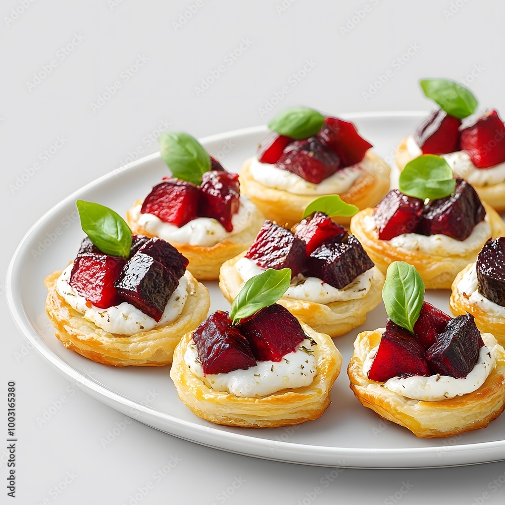 Gourmet beet and cream cheese puff pastry bites garnished with fresh basil on a plate Gourmet beet and cream cheese puff pastry bites garnished with fresh basil on a plate