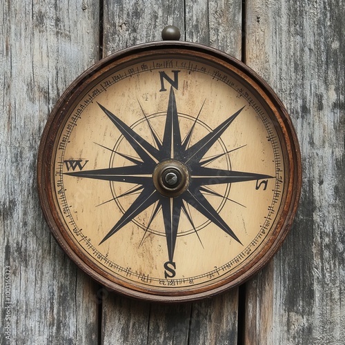 Old compass on a wooden wall, vintage style, close-up photo