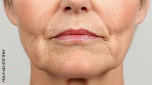 A close-up of an aging face showing the effects of gravity on facial symmetry, with features like the cheeks and jowls drooping unevenly.