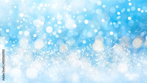 In a blue bokeh background there are white snowflakes falling on a snowy surface