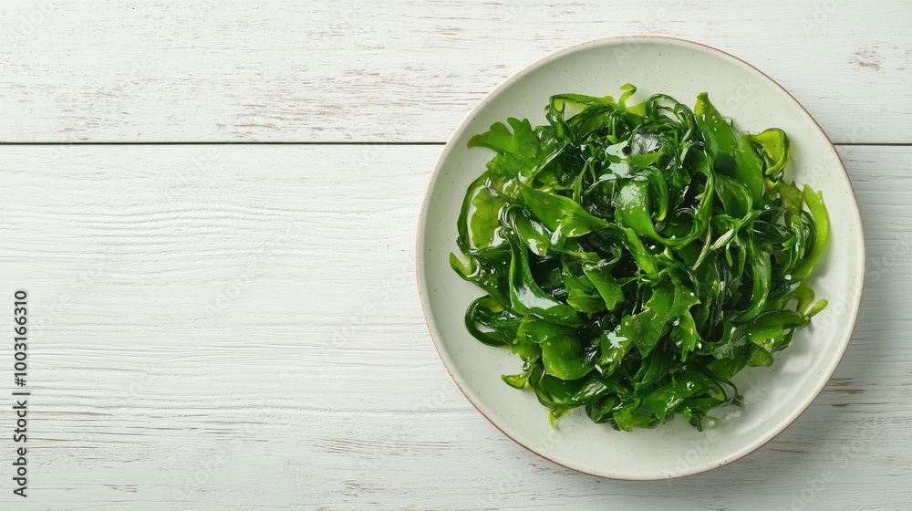 Fresh seaweed salad on plate, vibrant green color Fresh seaweed salad on plate, vibrant green color