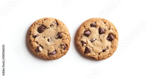 Freshly baked chocolate chip cookies on a white background ready to be enjoyed