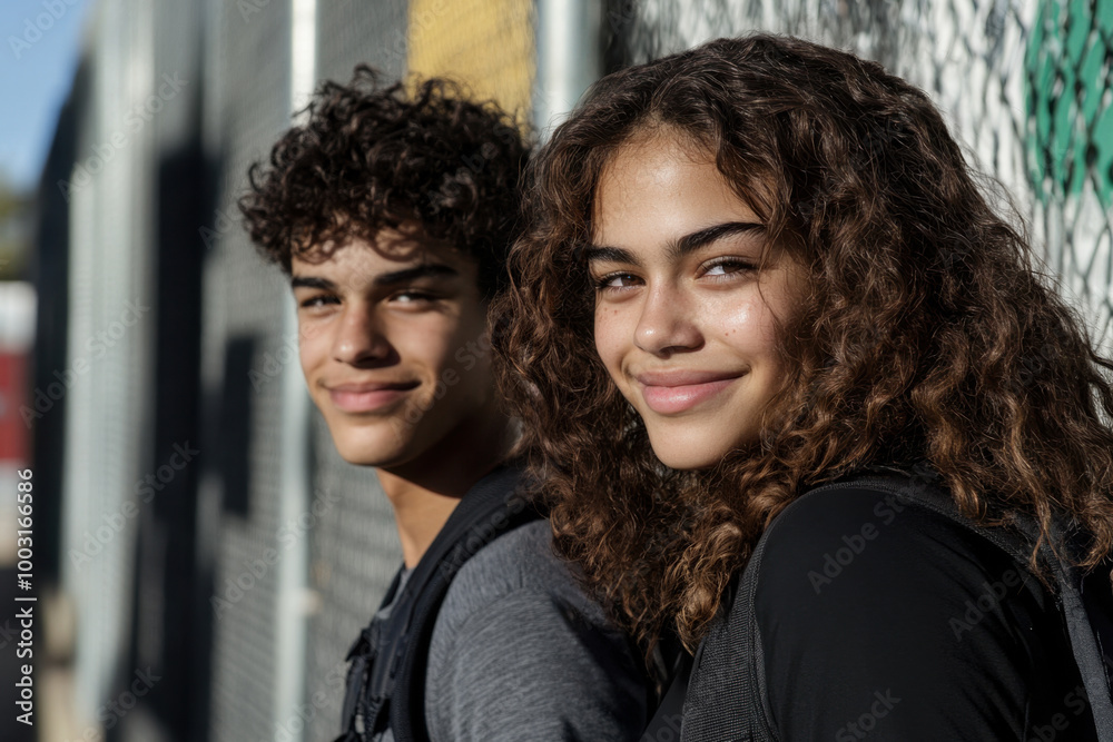 Fototapeta premium Teenager students with backpacks walk to school. Closeup portrait