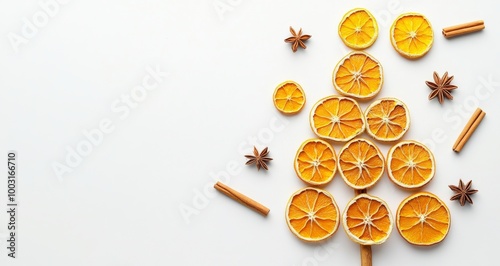 Creative arrangement of dried orange slices and cinnamon sticks forming a Chr...