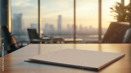 Quiet Desk Scene with City View at Sunset