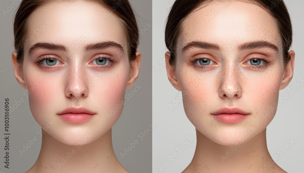 A detailed comparison of a young, smooth face and an older face with noticeable drooping in the eyelids, cheeks, and jawline, highlighting the loss of symmetry. A detailed comparison of a young, smooth face and an older face with noticeable drooping in the eyelids, cheeks, and jawline, highlighting the loss of symmetry.
