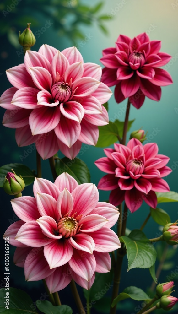 Oil painting featuring dahlias blooming in a picturesque garden setting Oil painting featuring dahlias blooming in a picturesque garden setting