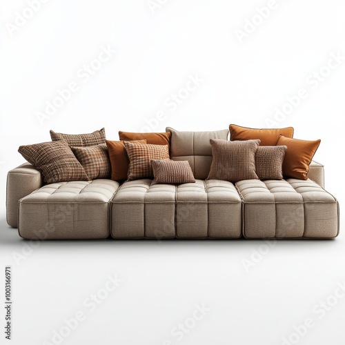 Cozy modern sofa with multiple cushions in neutral tones arranged for a styli...