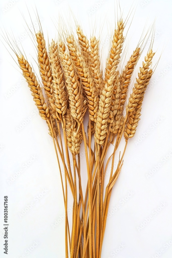 Wheat stalks tied together, showcasing the beauty of harvested crops in a rustic display Wheat stalks tied together, showcasing the beauty of harvested crops in a rustic display
