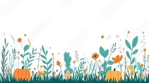 Vibrant autumn garden with pumpkins and wildflowers