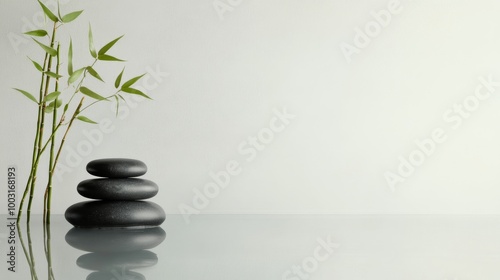 Serene black stones stacked with delicate bamboo stalks creating a calm minimalist atmosphere