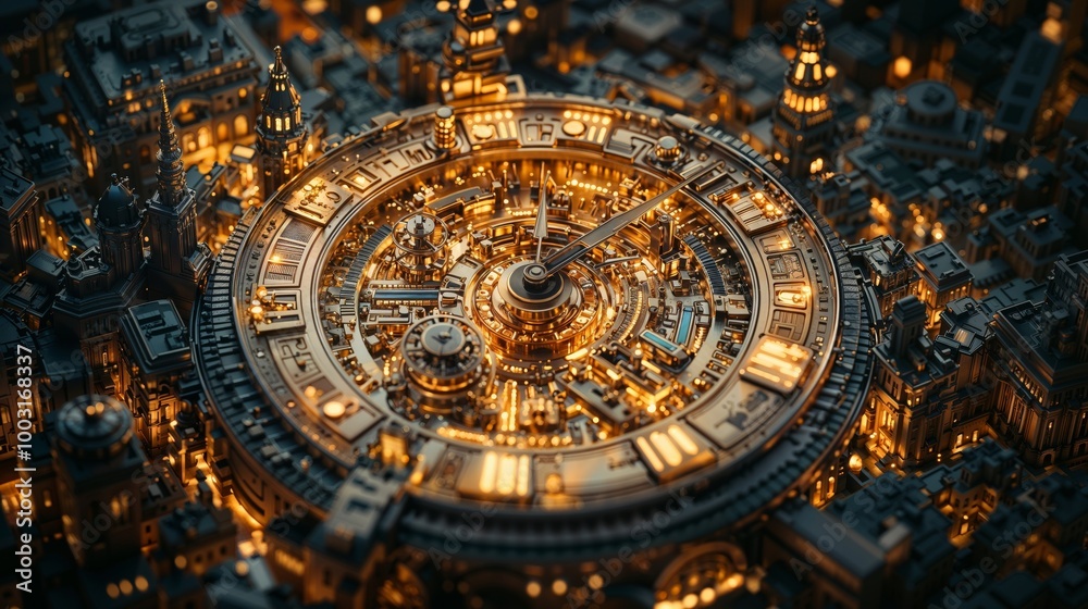 Futuristic Steampunk Cityscape with Intricate Clockwork Design and Lights Futuristic Steampunk Cityscape with Intricate Clockwork Design and Lights