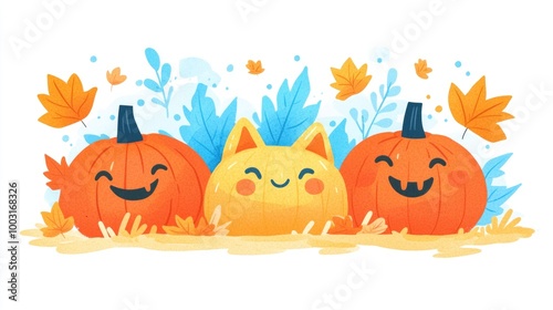 Whimsical autumn scene with pumpkins and a cheerful cat