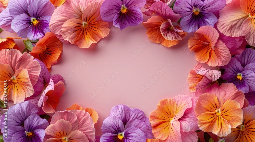 Pansy flowers on soft color background, romantic feminine composition, wedding invitation concept.