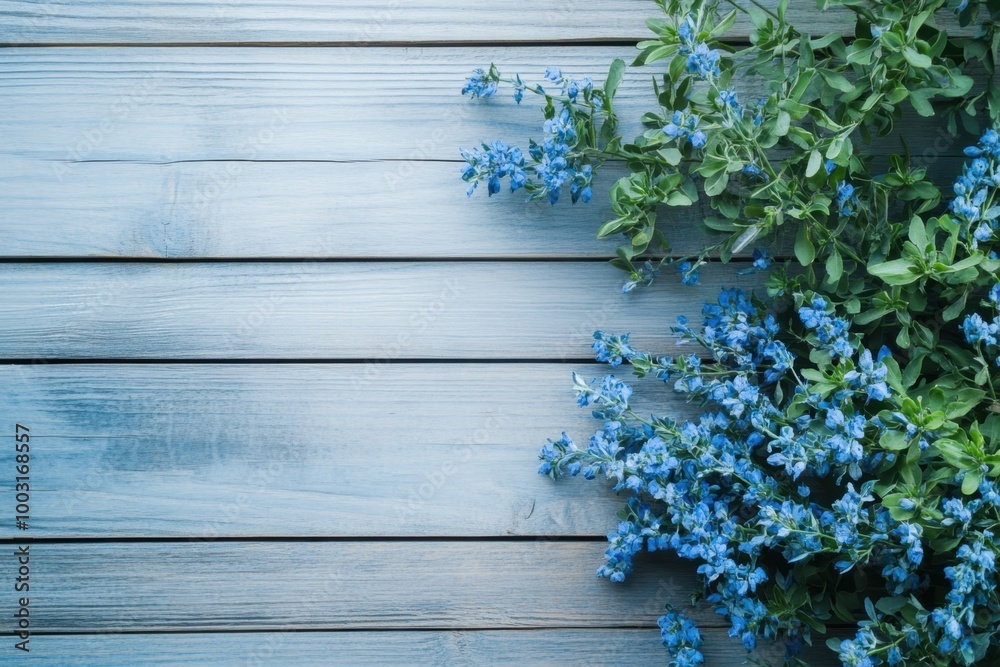 Obraz premium A vibrant display of blue flowers against a rustic wooden background in a tranquil setting
