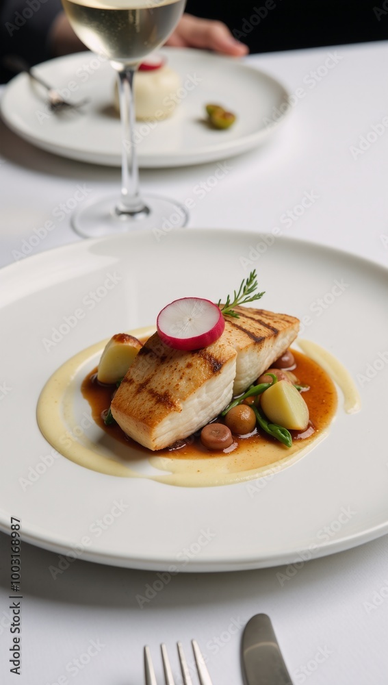 Delicious grilled fish dish served with radishes at an elegant restaurant setting Delicious grilled fish dish served with radishes at an elegant restaurant setting