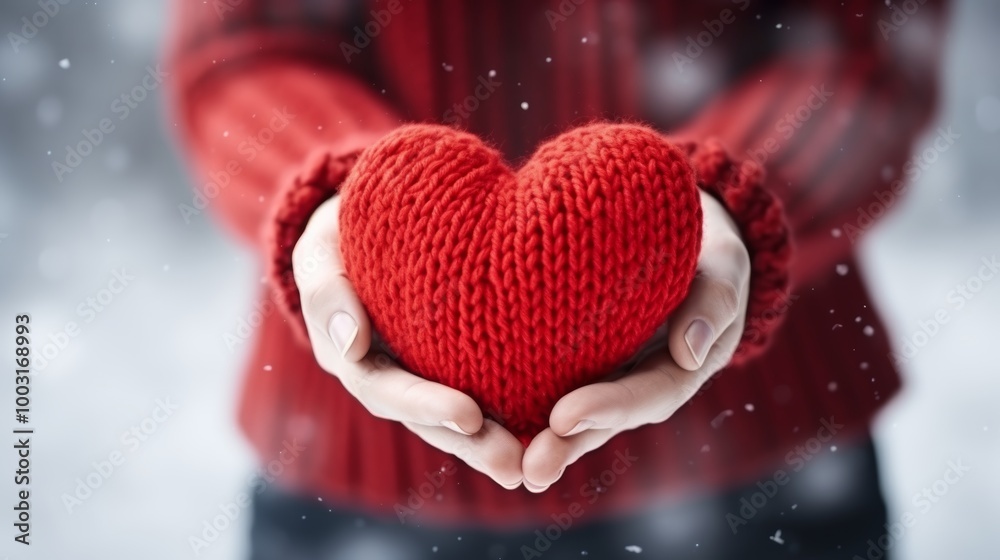 Fototapeta premium Embracing love hands cradling a knitted red heart against a snowy backdrop of friendship