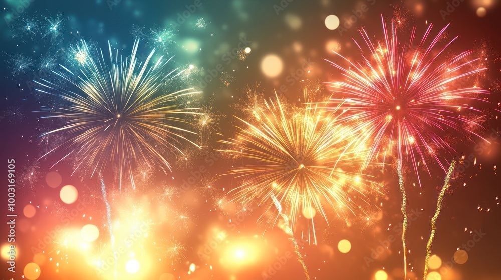 Fototapeta premium Fireworks at New Year and copy space - abstract holiday background