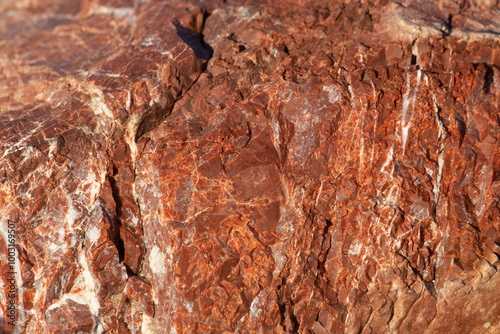 Red stone with white stripes. Stone background.