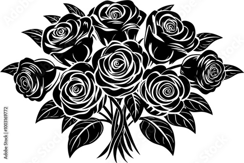 Cute rose bouquet with leaves silhouette black linocut vector art illustration