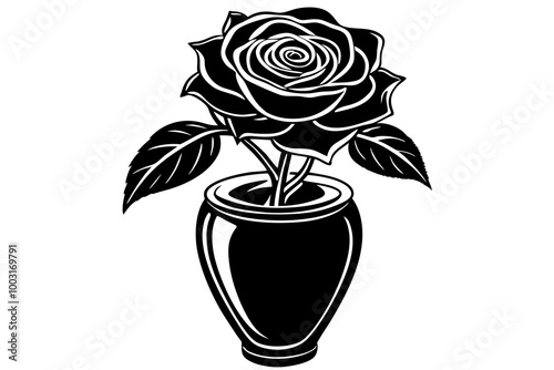 Cute rose with leaves in vase silhouette black linocut vector art illustration