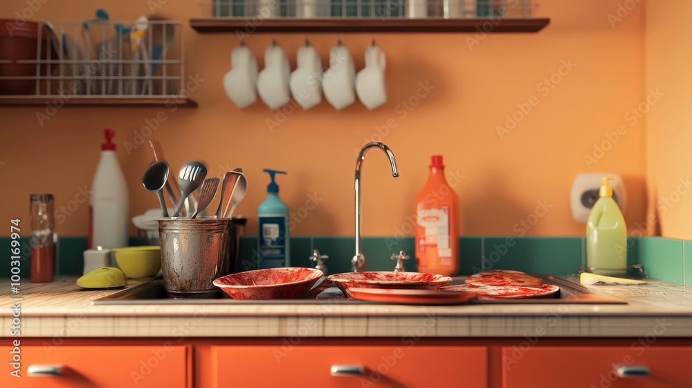 Messy Kitchen Sink with Dirty Dishes and Cleaning Supplies