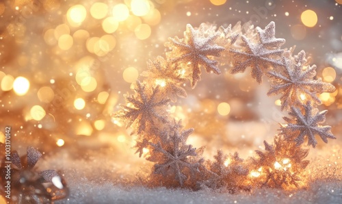 A shimmering Christmas wreath made of crystal-like snowflakes and delicate glowing stars, set against a softly blurred frosty background with a touch of golden light