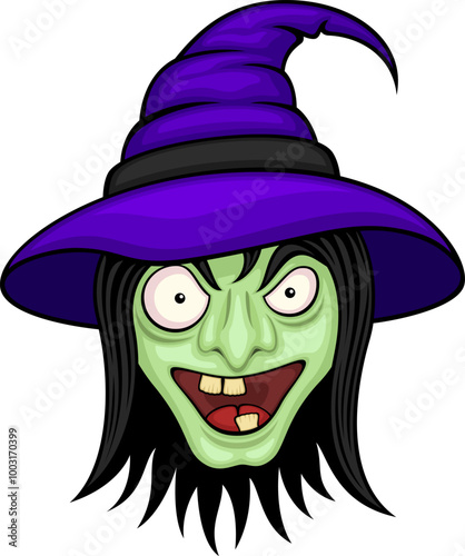 Vector illustration of the face/head of a witch in a purple hat, smiling in a sinister way.