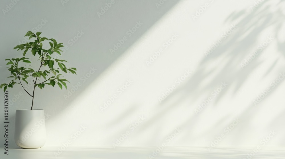 A simple yet elegant arrangement with a green plant casting shadows on a well lit wall