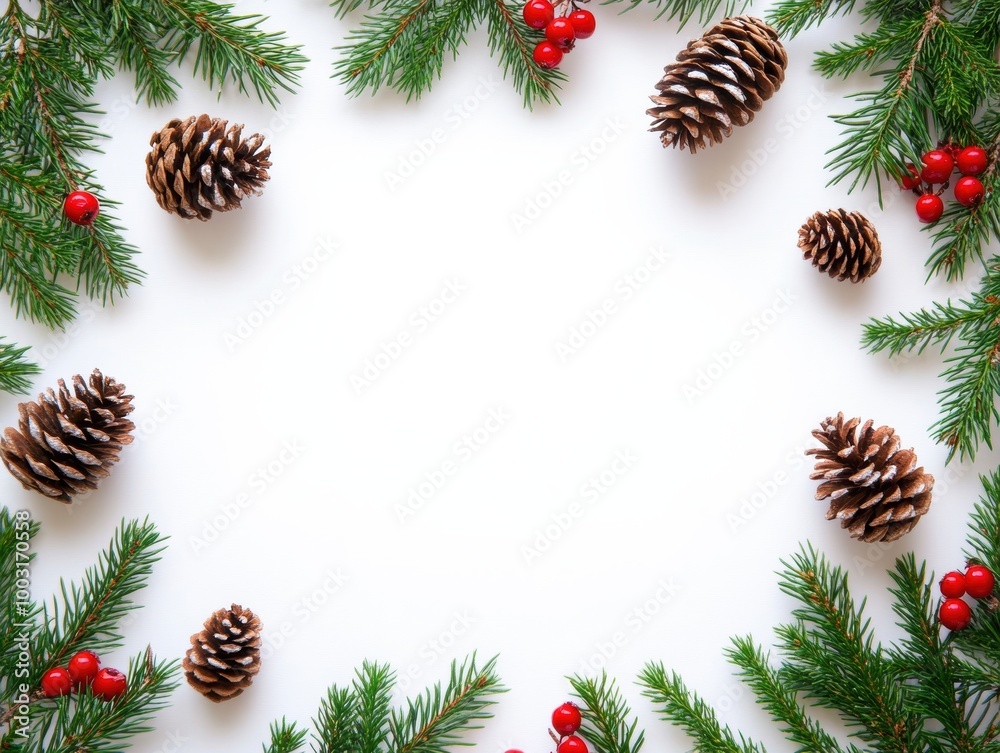 Christmas Border frame of tree branches red berries and pine cones, room for copy Christmas Border frame of tree branches red berries and pine cones, room for copy