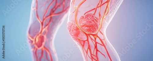 A zoomed-in medical illustration of a leg with varicose veins, highlighting the venous valves and their dysfunction, causing blood pooling.