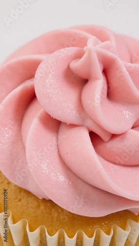 Pink-frosted cupcake sits atop table with ample rich frosting