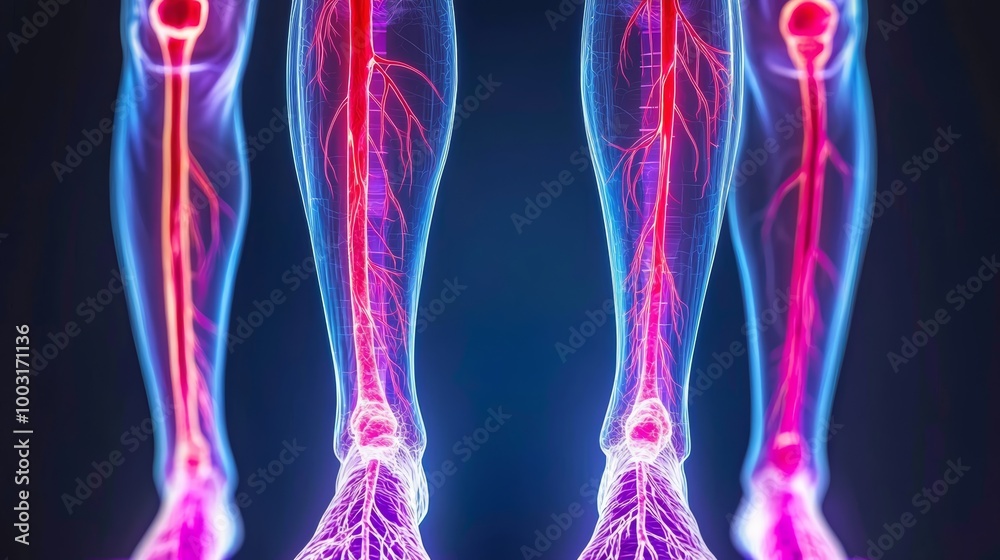 An arteriographic image of the lower limbs, with contrast dye illuminating the femoral and popliteal arteries, identifying areas of blockage or narrowing. An arteriographic image of the lower limbs, with contrast dye illuminating the femoral and popliteal arteries, identifying areas of blockage or narrowing.
