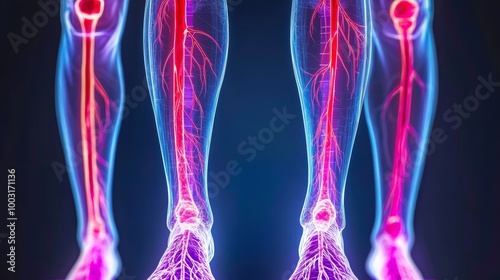 An arteriographic image of the lower limbs, with contrast dye illuminating the femoral and popliteal arteries, identifying areas of blockage or narrowing.