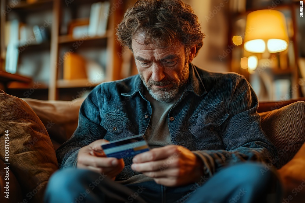 A man sits on a couch examining his credit card thoughtfully while contemplating his next move in a late-night gambling session at home A man sits on a couch examining his credit card thoughtfully while contemplating his next move in a late-night gambling session at home