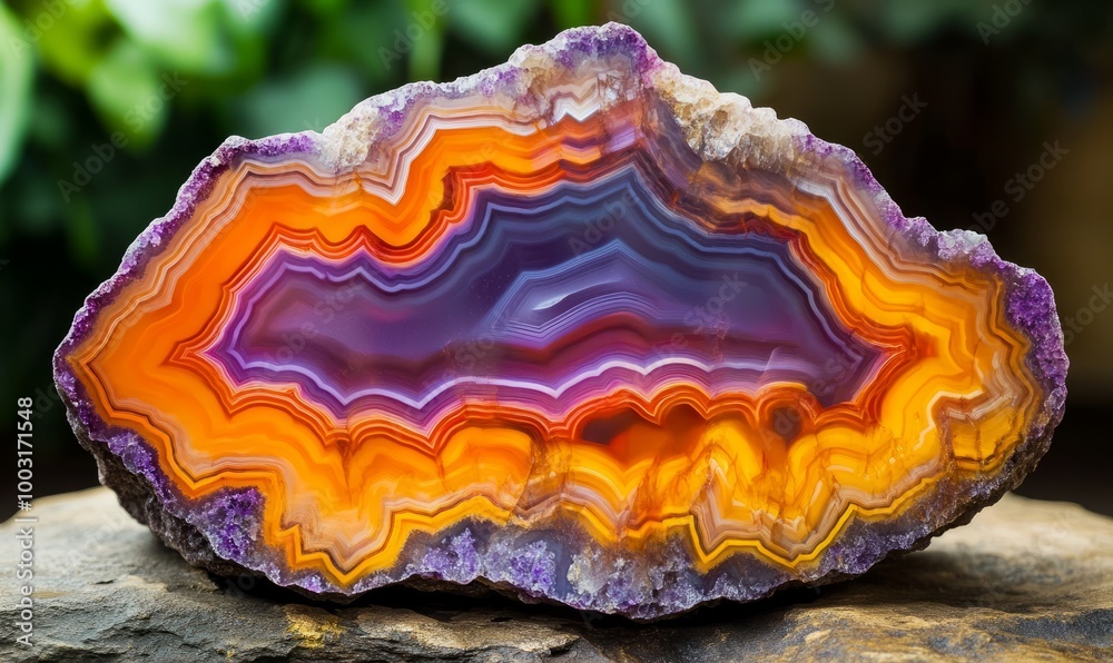 Amazing agate crystal cross section with mesmerizing layers of orange and violet wavy lines Amazing agate crystal cross section with mesmerizing layers of orange and violet wavy lines