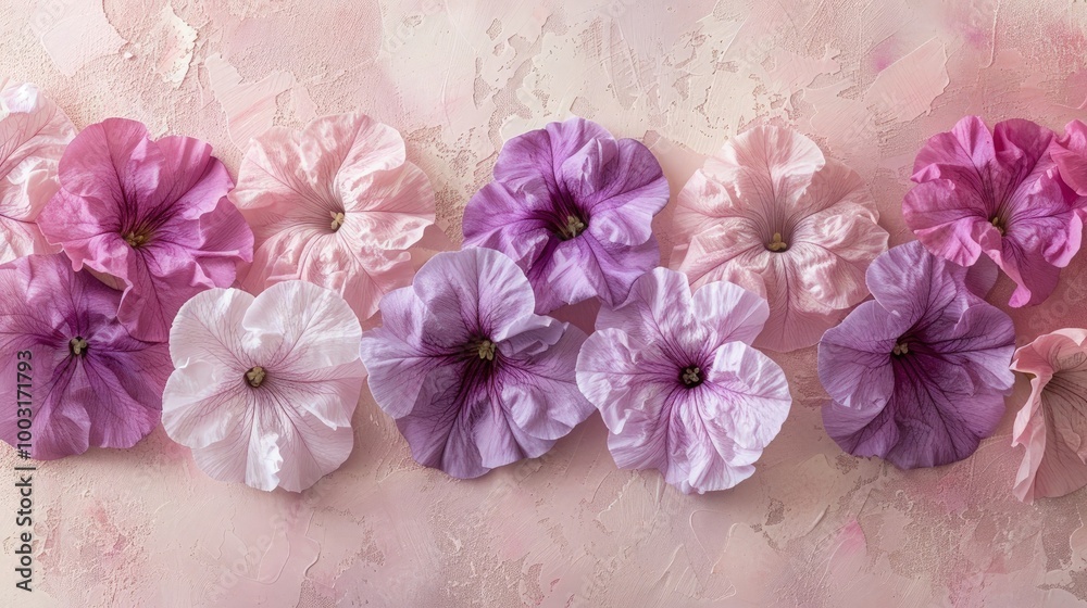 Fototapeta premium Petunias flowers on soft color background, romantic feminine composition, wedding invitation concept.