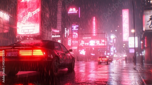 A cinematic scene set in a dark, futuristic city with towering skyscrapers, neon lights, and rain-soaked streets. The vibrant glow of technology illuminates a cyberpunk world where humanity & machine