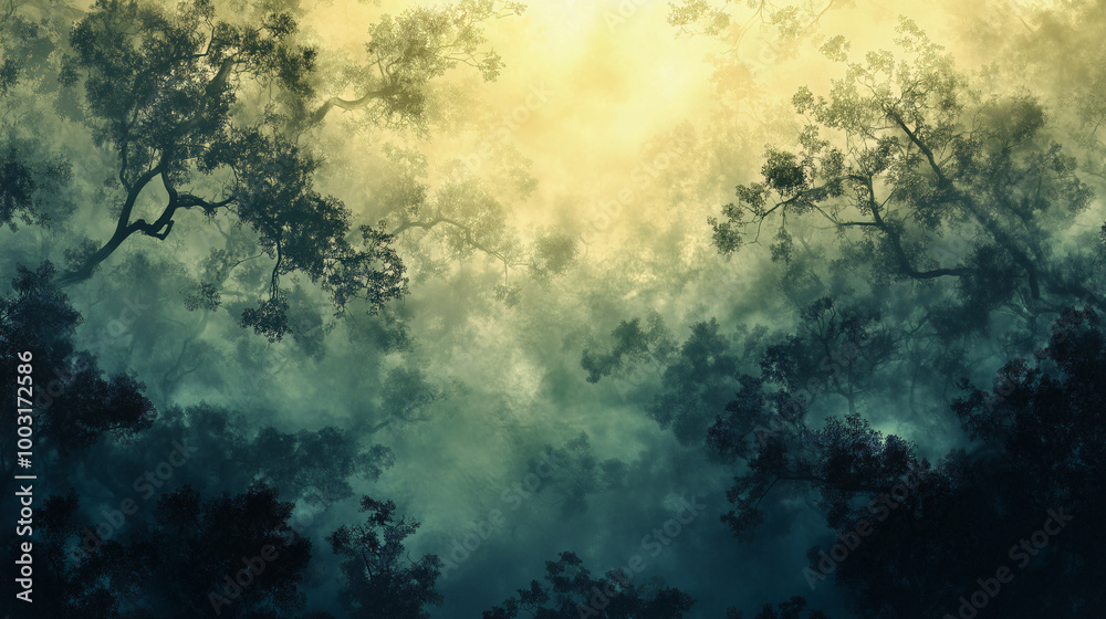 Naklejka premium Abstract. Misty forest with sunlight shining through the trees