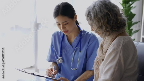 Female doctor in blue scrubs explains medical form details to a senior patient during a consultation in a clinic setting