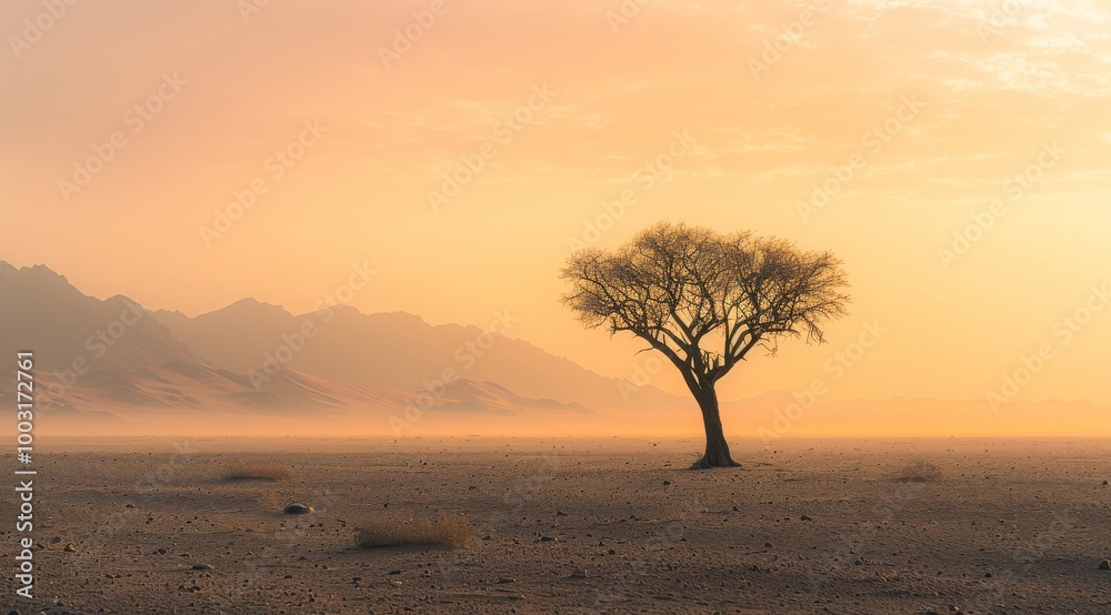 Lone acacia tree stands tall in the desert, its branches reaching towards an orange sky with distant mountains, glow of sunrise, symbolizing prosperity, investment Lone acacia tree stands tall in the desert, its branches reaching towards an orange sky with distant mountains, glow of sunrise, symbolizing prosperity, investment