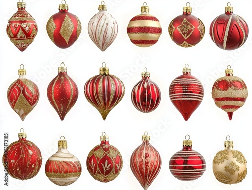 The Christmas Ornaments Set features an assortment of red, green, and gold ornaments in a variety of designs