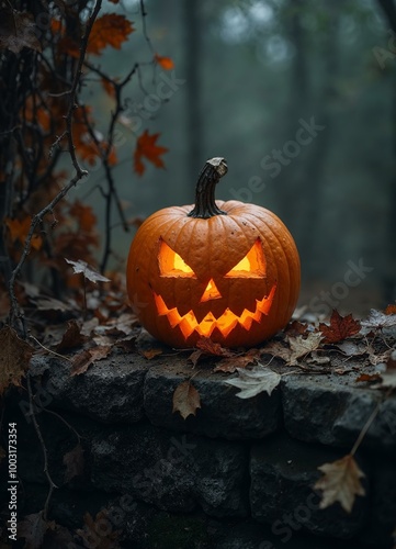 Halloween Pumpkin on Stone Wall: Spooky Decoration