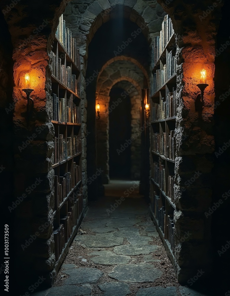 Fototapeta premium Dark Library Corridor with Bookshelves and Torches: Medieval or Fantasy Setting