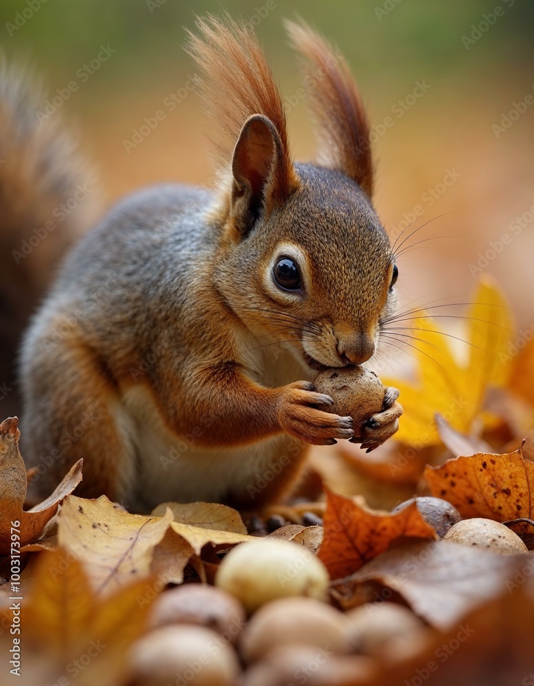 Obraz premium Squirrel Eating Nut in Autumn Leaves: Wildlife Portrait