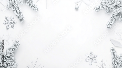 A christmas theme tonal blank winter message space, signage for holiday - minimalism, border frame; background, all white, with tone on tone pine branches, snowflakes, snow - frosted icy