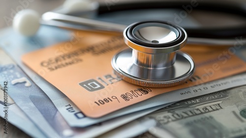 health insurance cards with stephoscope, close up, concept: rising healthcare costs, 16:9 photo