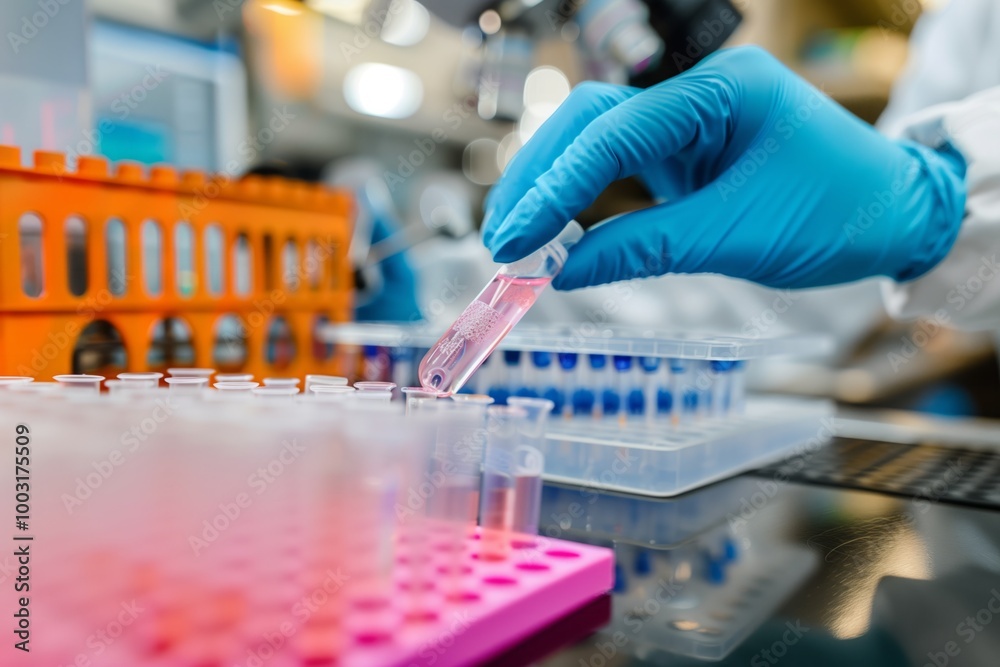 A scientist is holding a pink liquid in a test tube A scientist is holding a pink liquid in a test tube