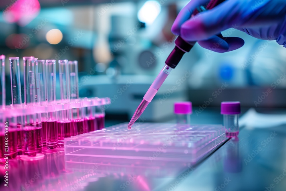 A scientist is working in a lab with a pink and blue tray of test tubes A scientist is working in a lab with a pink and blue tray of test tubes